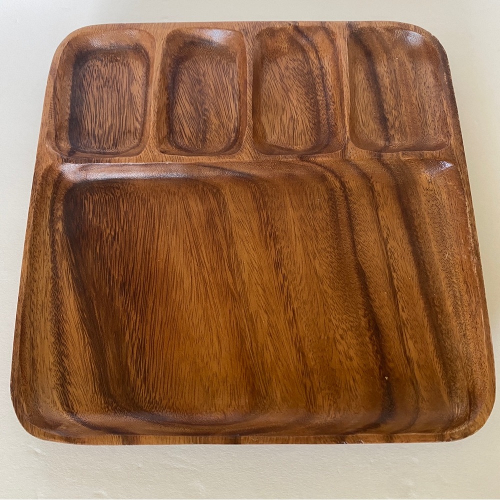 Vintage Wood Divided Serving Tray Dish Decor Mid-Century Modern MCM Brown Square